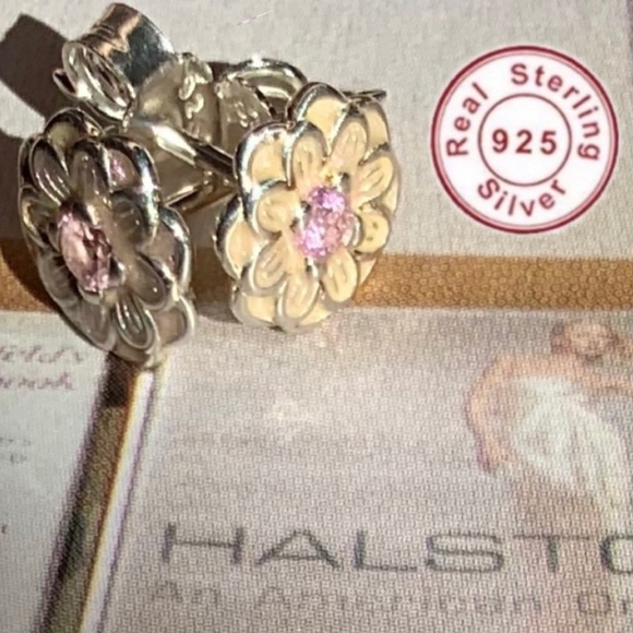 Sterling Sliver Floral Crystal Dahlia Earrings - Picture 8 of 8